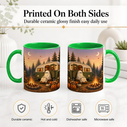 #pl[11oz|Green] Autumn Camping Ghost Ceramic Mug, Camper Campfire Art for Campers