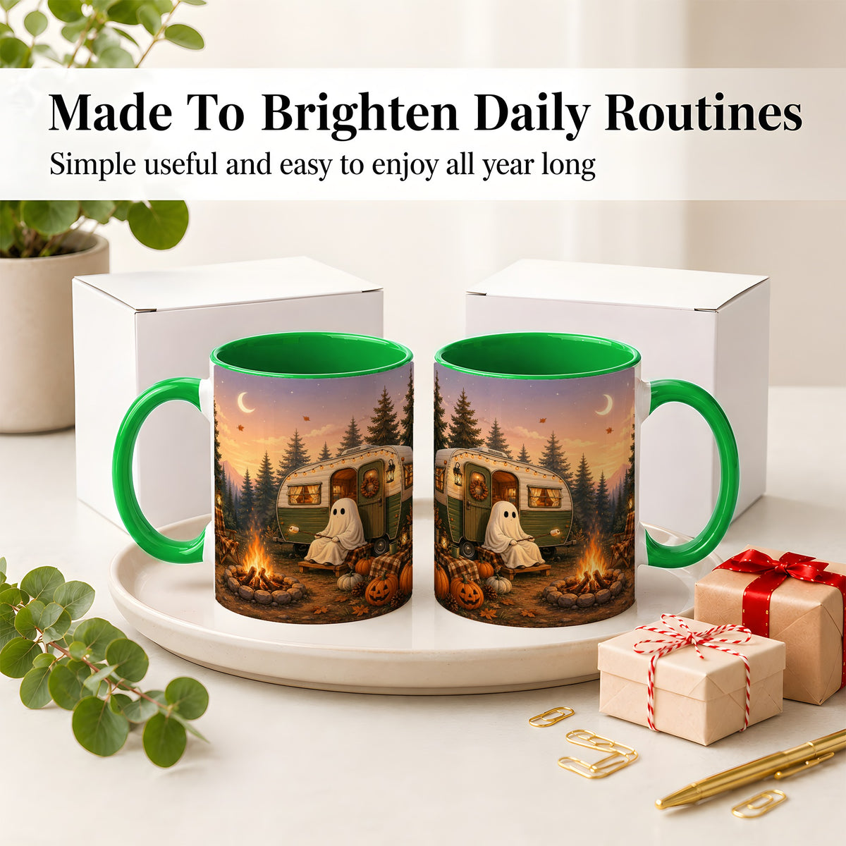 #pl[11oz|Green] Autumn Camping Ghost Ceramic Mug, Camper Campfire Art for Campers