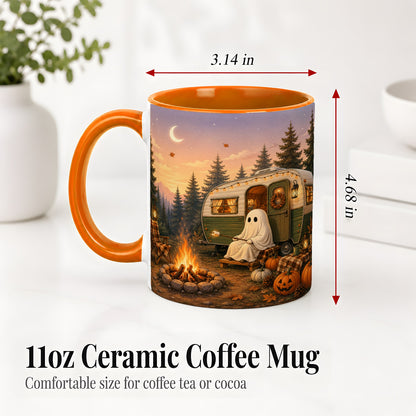 #pl[11oz|Orange] Autumn Camping Ghost Ceramic Mug, Camper Campfire Art for Campers