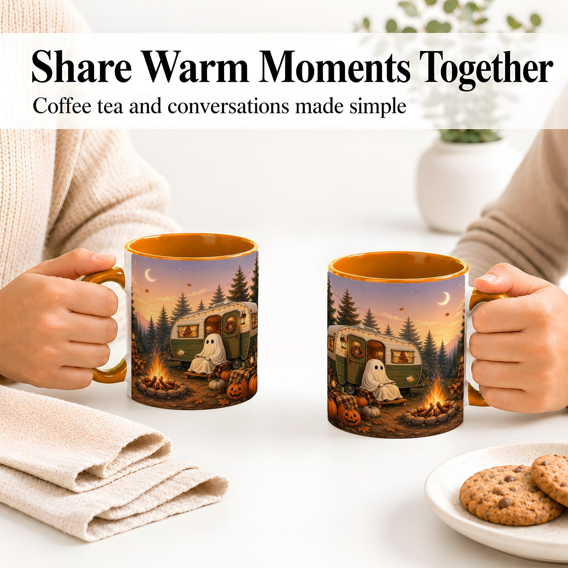 #pl[11oz|Orange] Autumn Camping Ghost Ceramic Mug, Camper Campfire Art for Campers