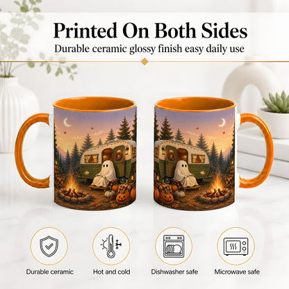 #pl[11oz|Orange] Autumn Camping Ghost Ceramic Mug, Camper Campfire Art for Campers