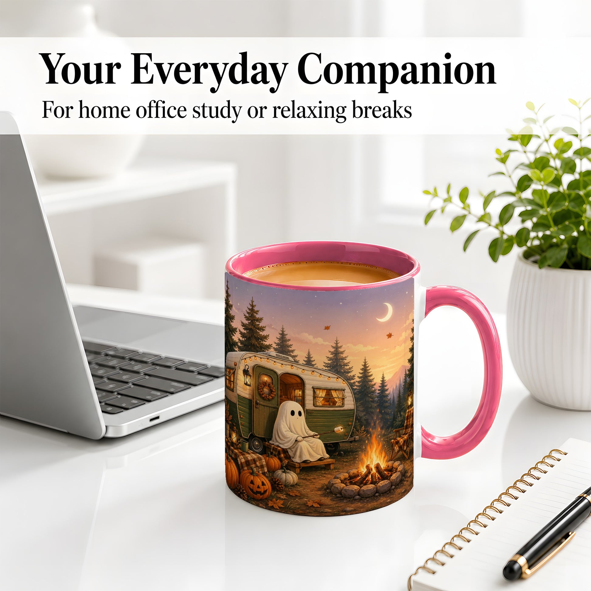 #pl[11oz|Pink] Autumn Camping Ghost Ceramic Mug, Camper Campfire Art for Campers