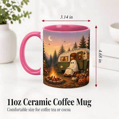 #pl[11oz|Pink] Autumn Camping Ghost Ceramic Mug, Camper Campfire Art for Campers