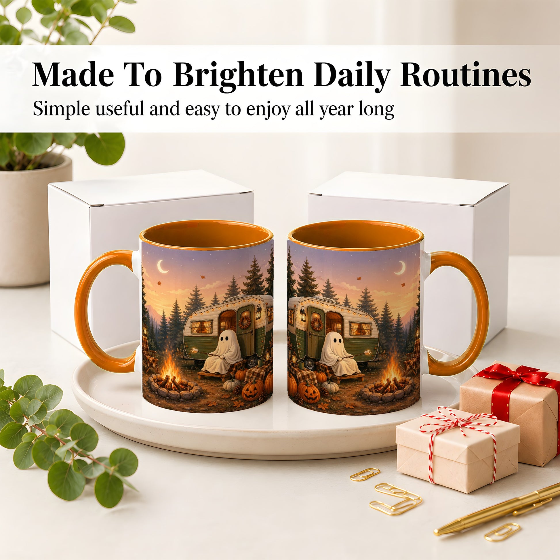 #pl[11oz|Orange] Autumn Camping Ghost Ceramic Mug, Camper Campfire Art for Campers
