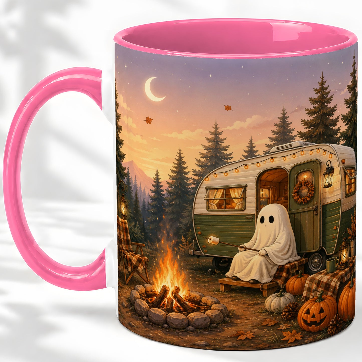 #pl[11oz|Pink] Autumn Camping Ghost Ceramic Mug, Camper Campfire Art for Campers