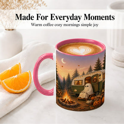 #pl[11oz|Pink] Autumn Camping Ghost Ceramic Mug, Camper Campfire Art for Campers