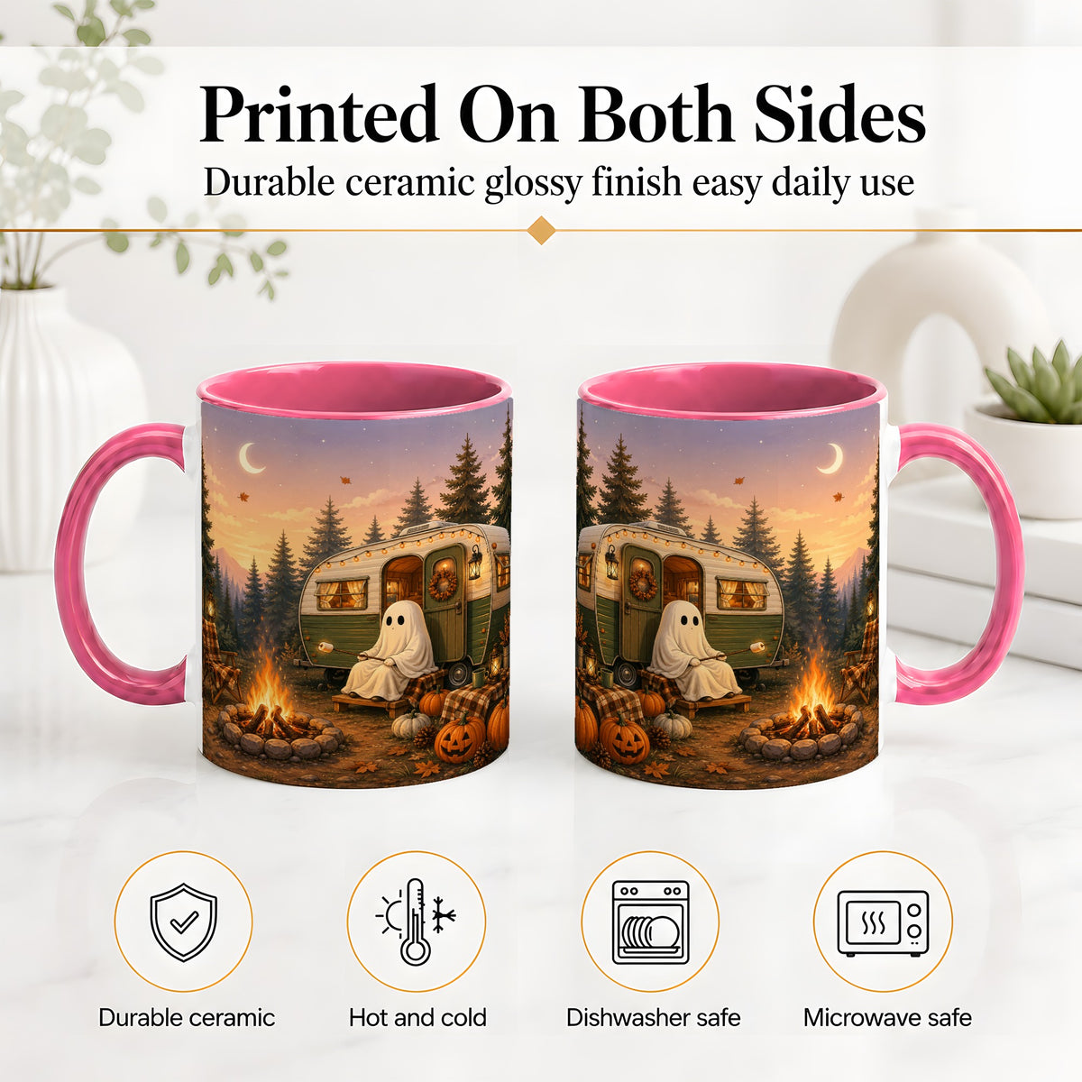 #pl[11oz|Pink] Autumn Camping Ghost Ceramic Mug, Camper Campfire Art for Campers