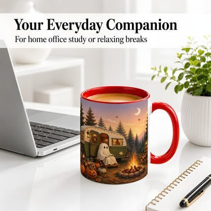 #pl[11oz|Red] Autumn Camping Ghost Ceramic Mug, Camper Campfire Art for Campers