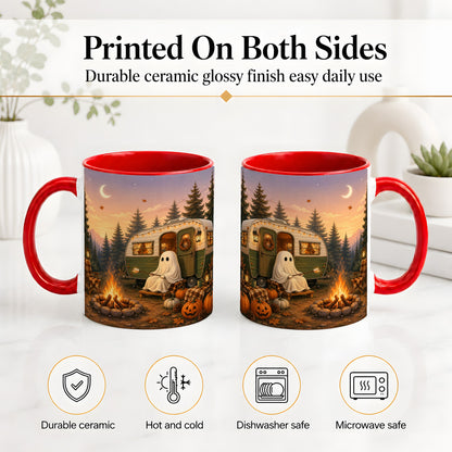 #pl[11oz|Red] Autumn Camping Ghost Ceramic Mug, Camper Campfire Art for Campers
