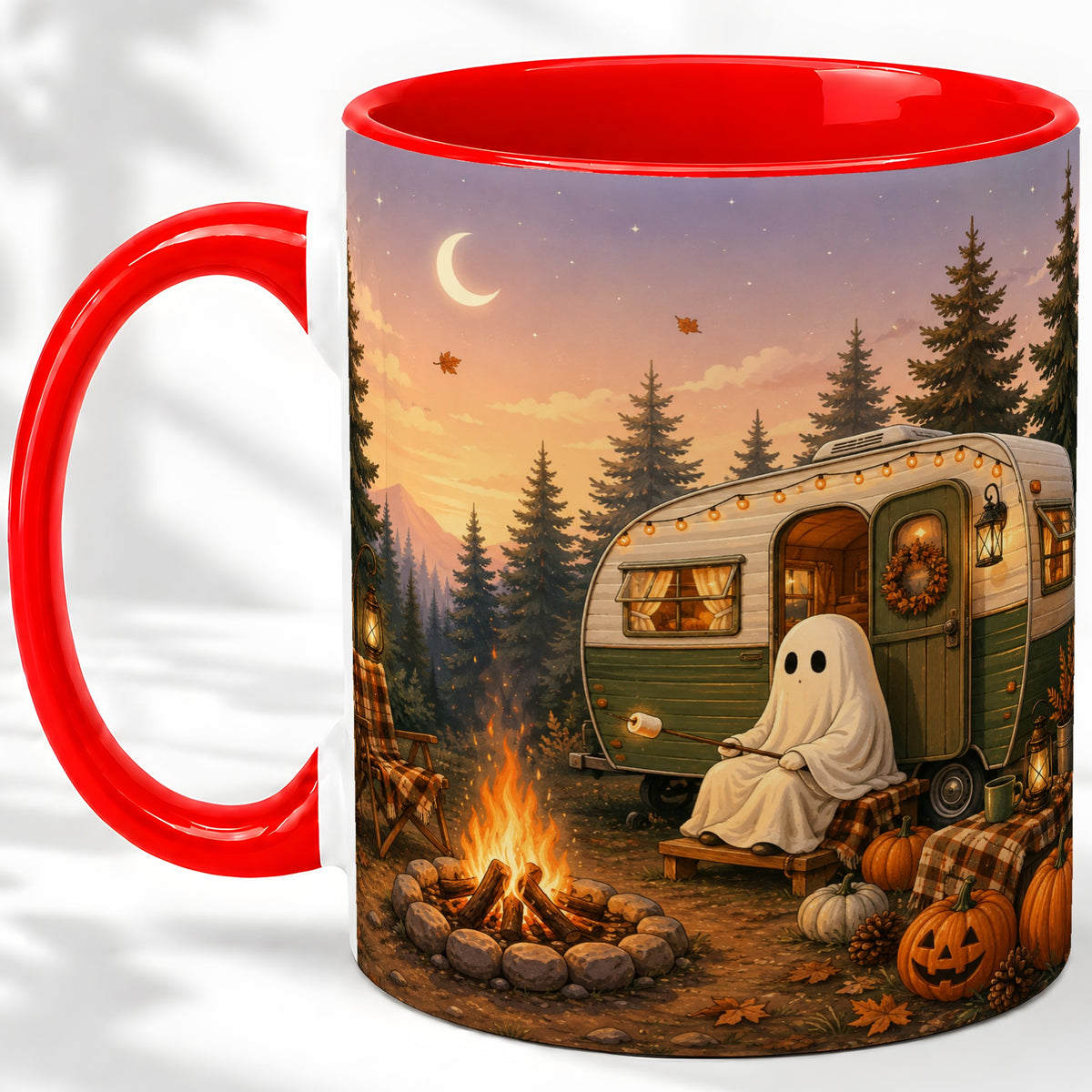 Autumn Camping Ghost Ceramic Mug, Camper Campfire Art for Campers