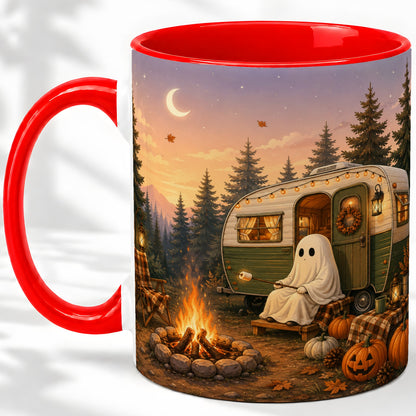 Autumn Camping Ghost Ceramic Mug, Camper Campfire Art for Campers