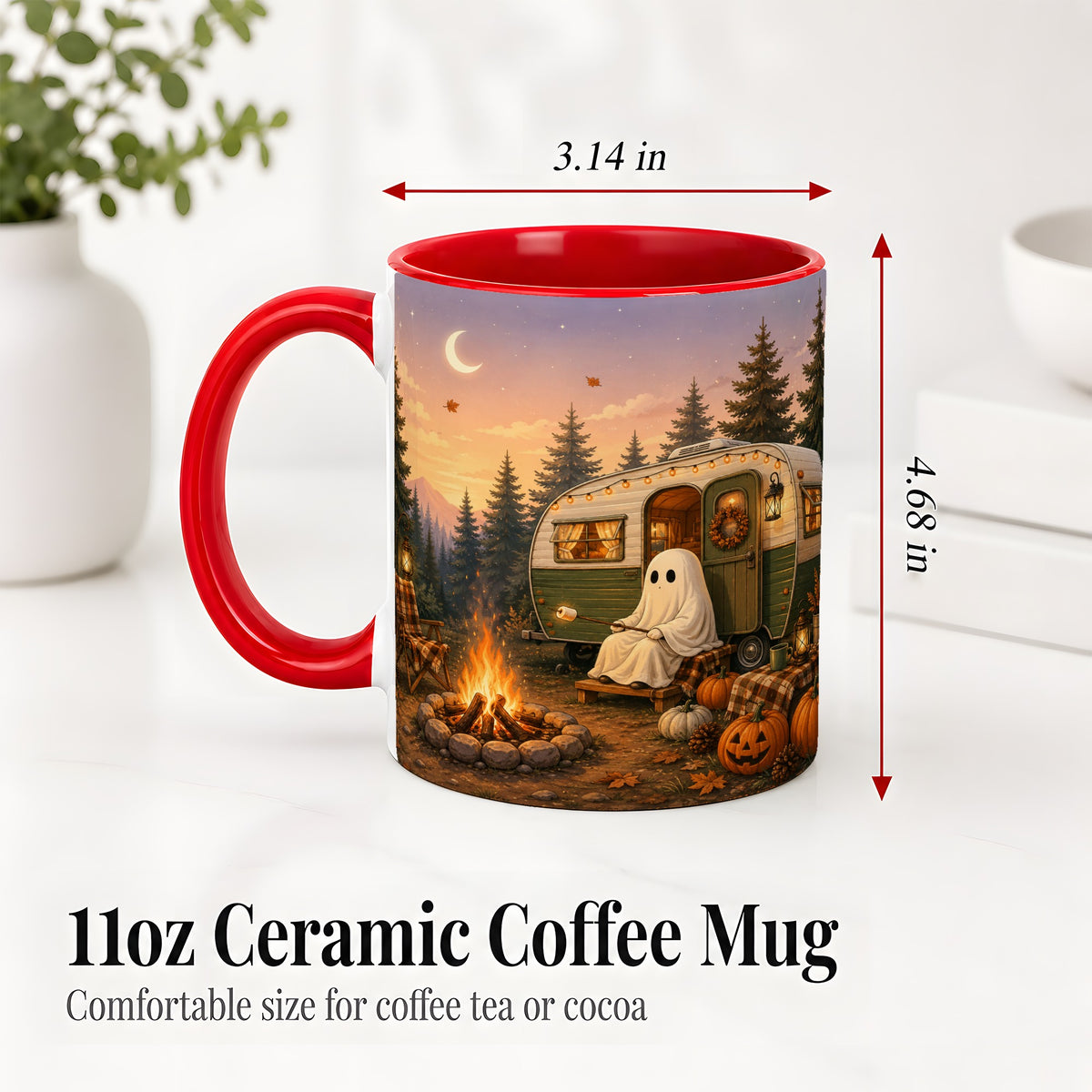 #pl[11oz|Red] Autumn Camping Ghost Ceramic Mug, Camper Campfire Art for Campers