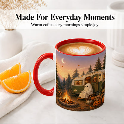 #pl[11oz|Red] Autumn Camping Ghost Ceramic Mug, Camper Campfire Art for Campers