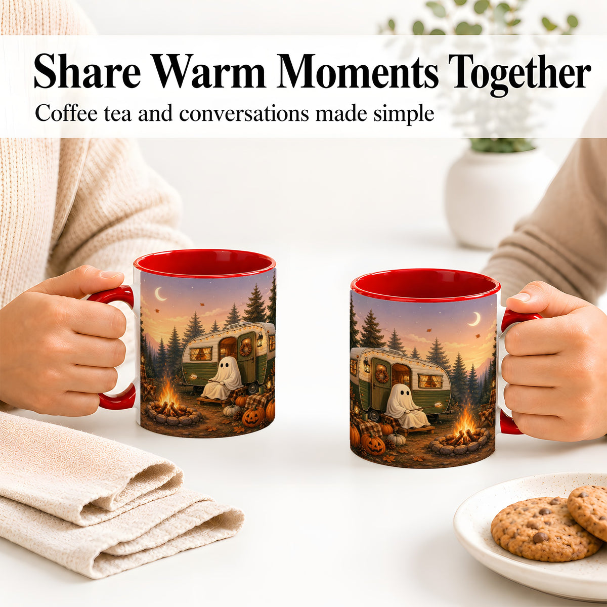 #pl[11oz|Red] Autumn Camping Ghost Ceramic Mug, Camper Campfire Art for Campers