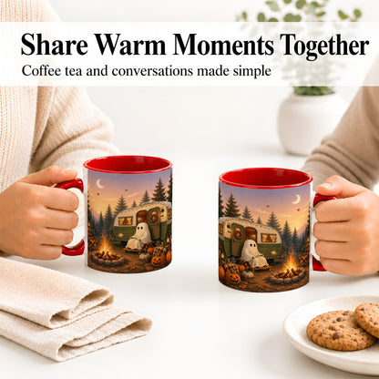 #pl[11oz|Red] Autumn Camping Ghost Ceramic Mug, Camper Campfire Art for Campers