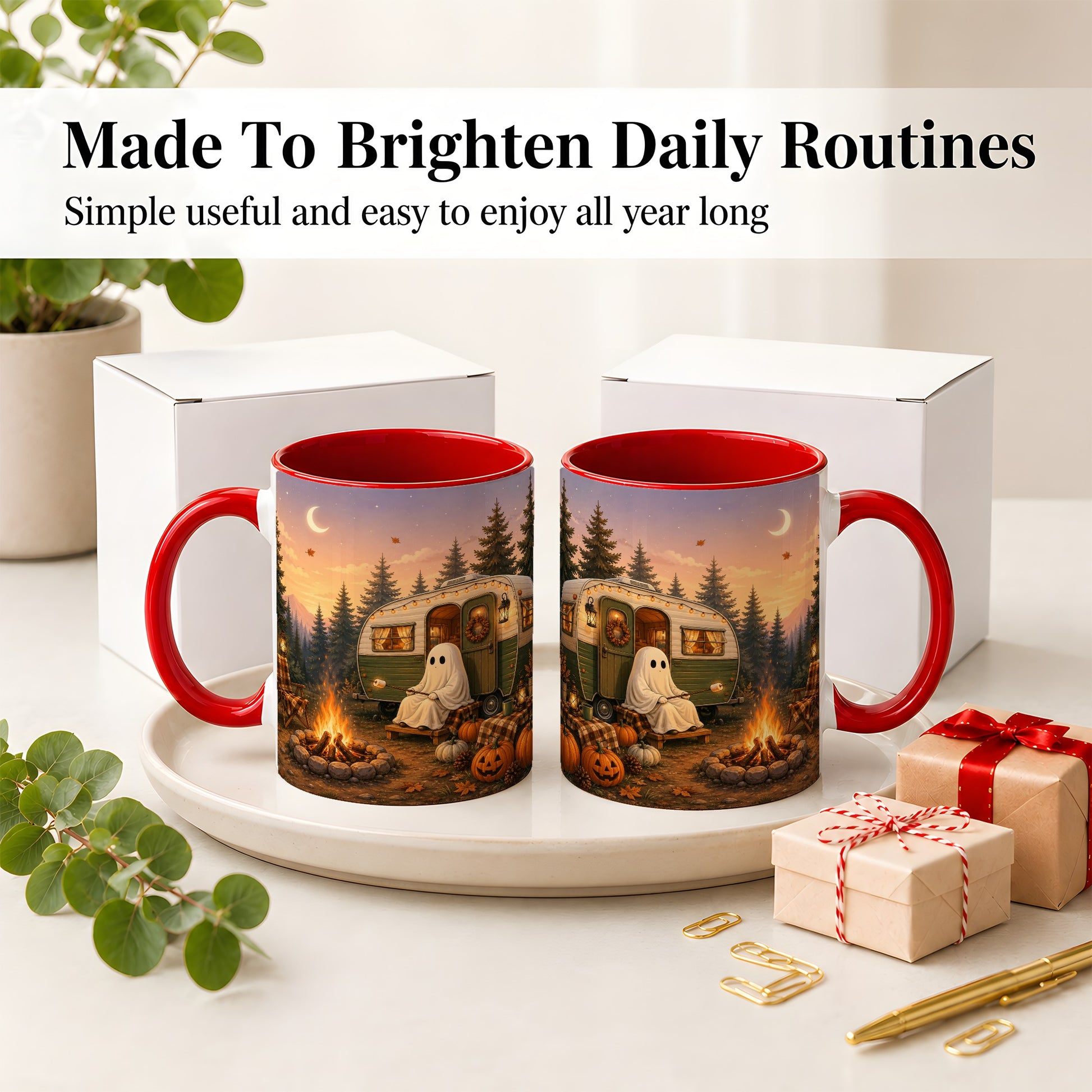 #pl[11oz|Red] Autumn Camping Ghost Ceramic Mug, Camper Campfire Art for Campers