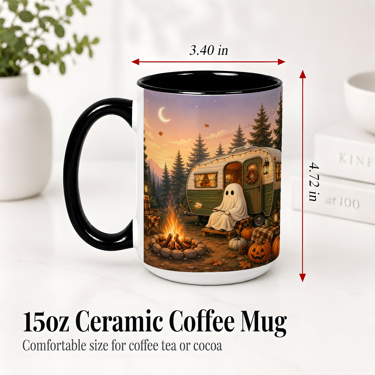 #pl[15oz|Black] Autumn Camping Ghost Ceramic Mug, Camper Campfire Art for Campers