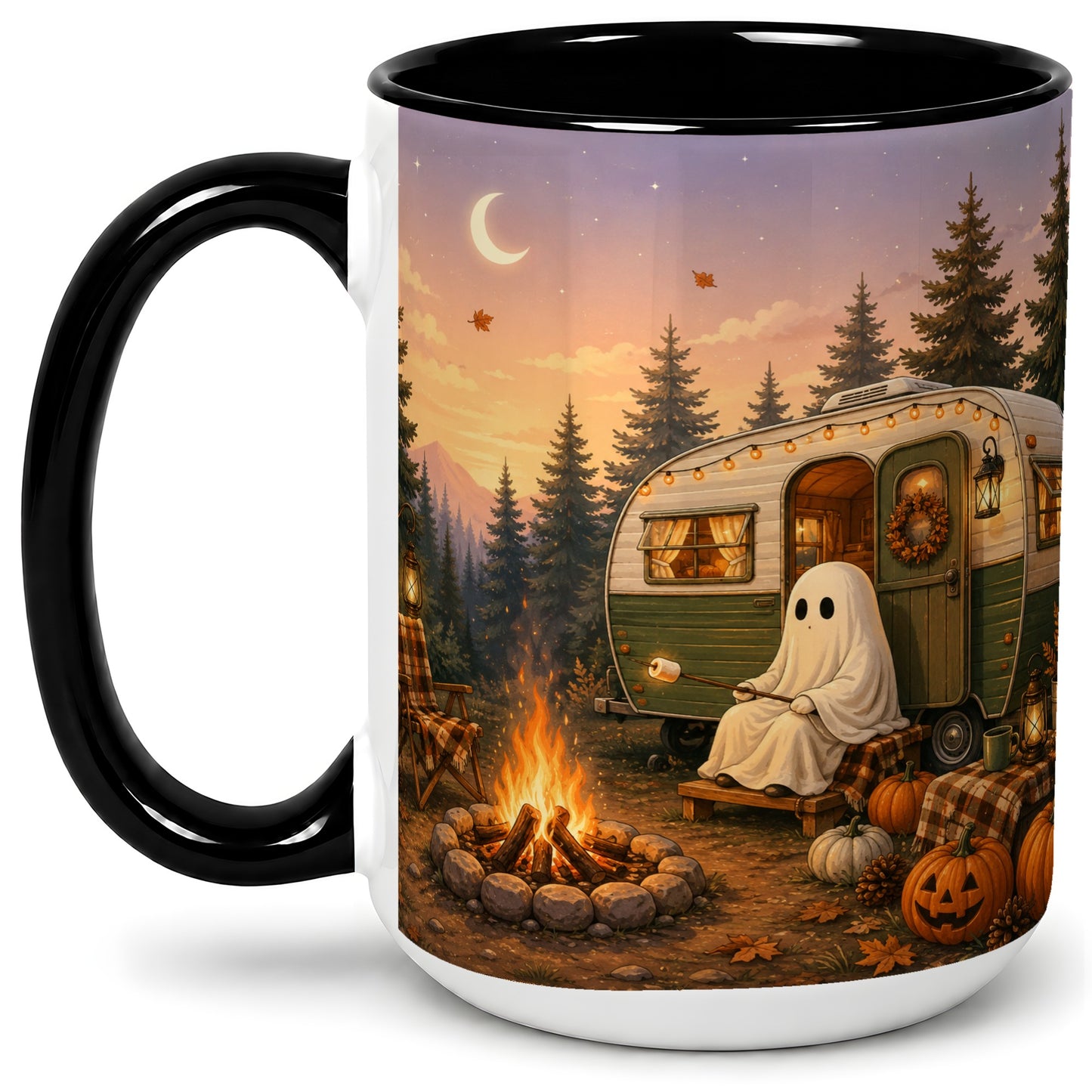 #pl[15oz|Black] Autumn Camping Ghost Ceramic Mug, Camper Campfire Art for Campers
