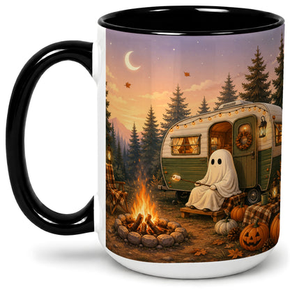 #pl[15oz|Black] Autumn Camping Ghost Ceramic Mug, Camper Campfire Art for Campers