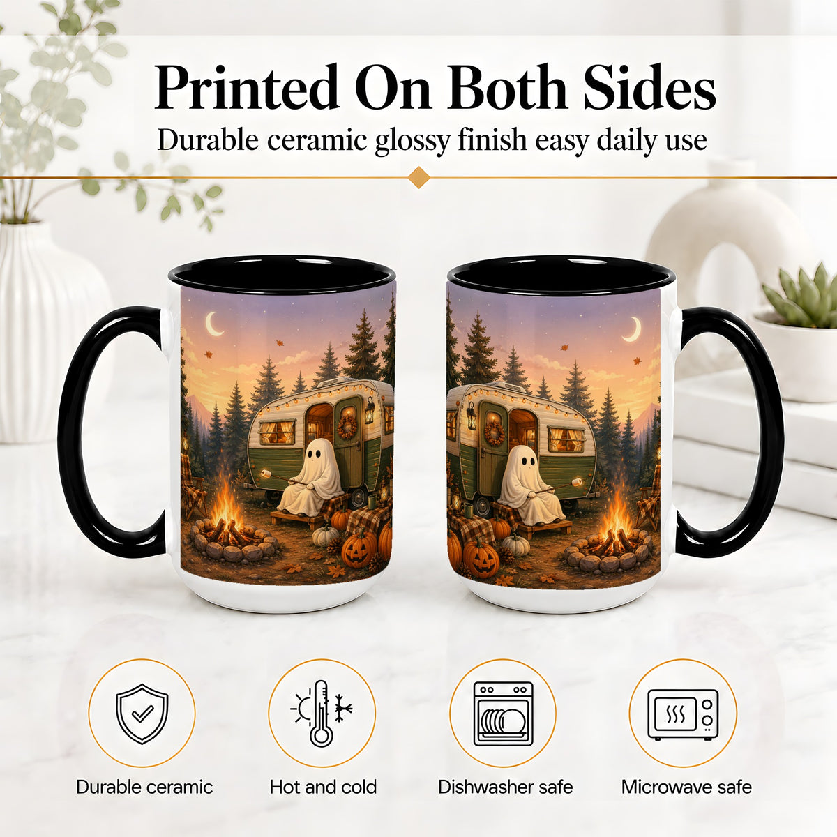 #pl[15oz|Black] Autumn Camping Ghost Ceramic Mug, Camper Campfire Art for Campers