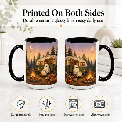 #pl[15oz|Black] Autumn Camping Ghost Ceramic Mug, Camper Campfire Art for Campers