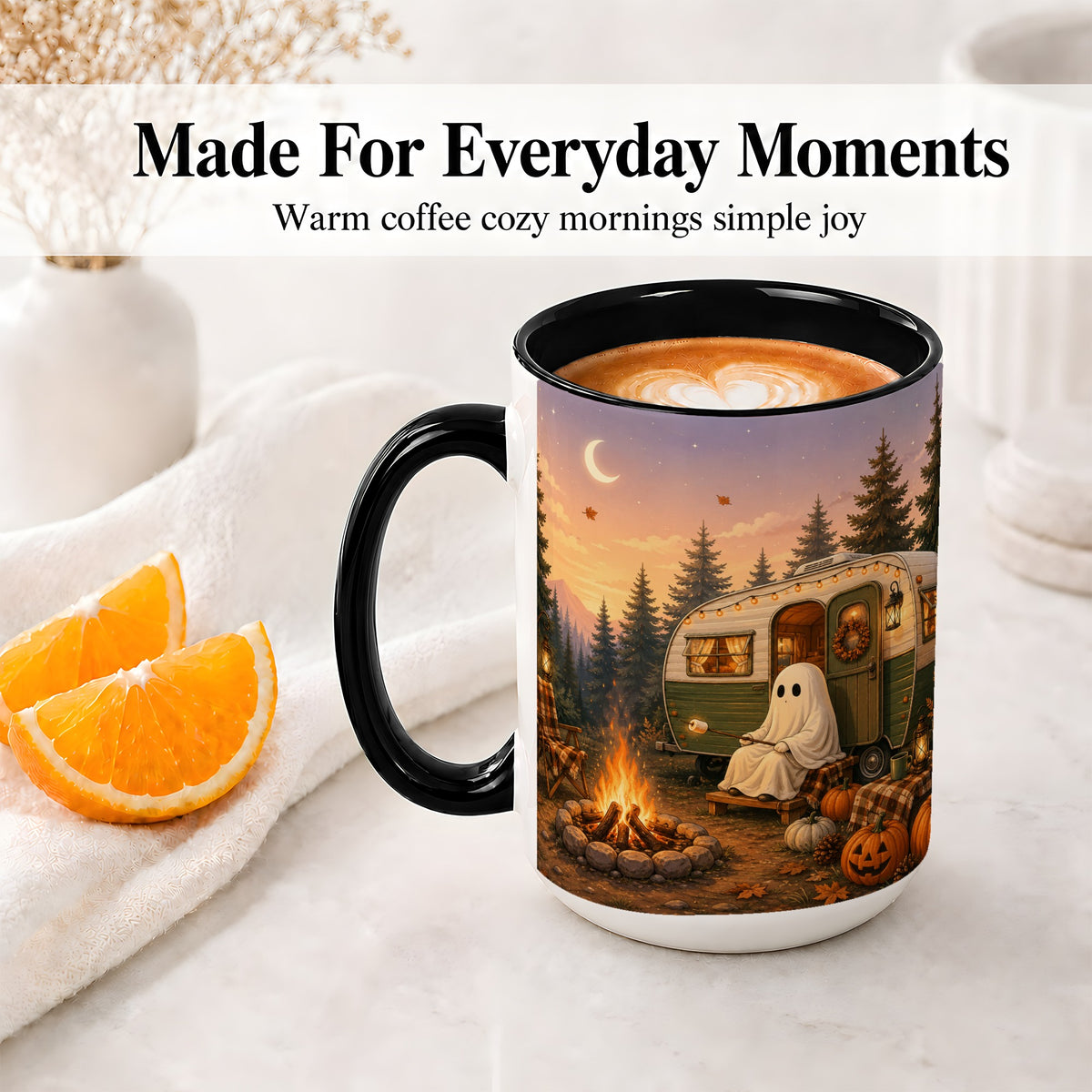 #pl[15oz|Black] Autumn Camping Ghost Ceramic Mug, Camper Campfire Art for Campers