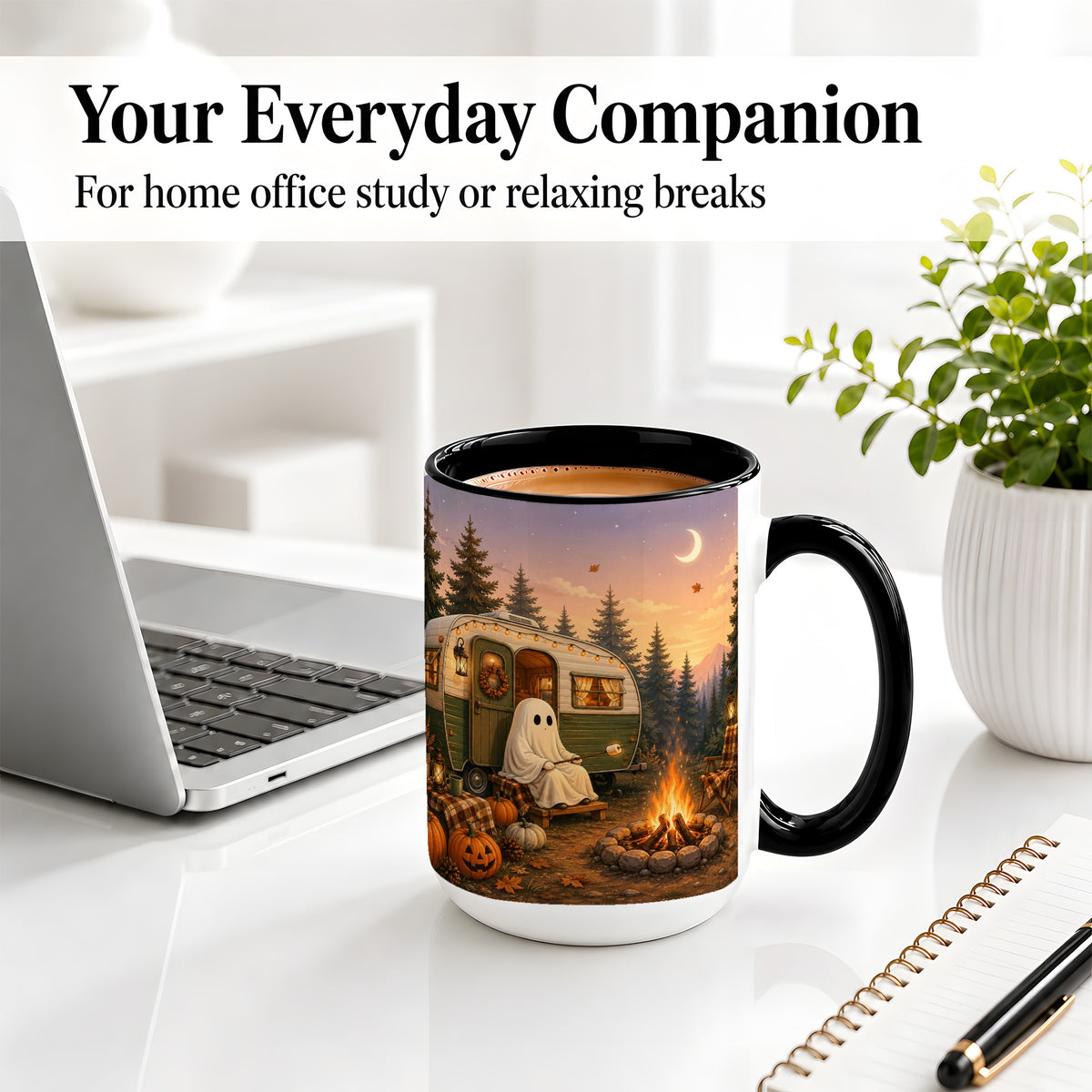 #pl[15oz|Black] Autumn Camping Ghost Ceramic Mug, Camper Campfire Art for Campers