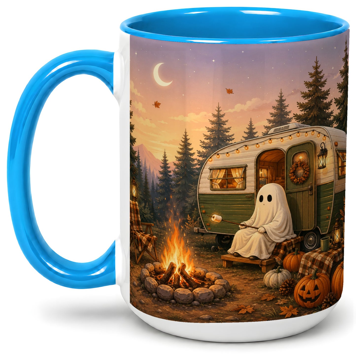 #pl[15oz|Blue] Autumn Camping Ghost Ceramic Mug, Camper Campfire Art for Campers