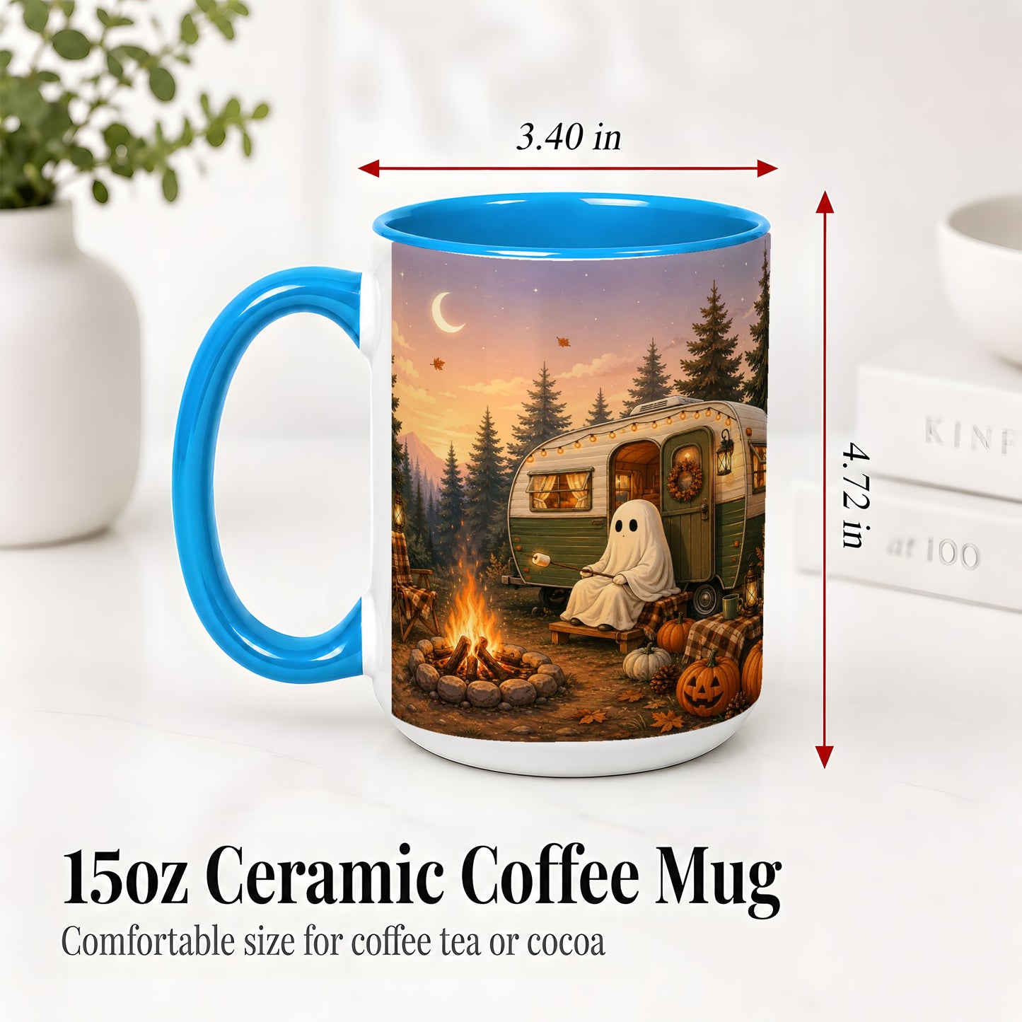 #pl[15oz|Blue] Autumn Camping Ghost Ceramic Mug, Camper Campfire Art for Campers