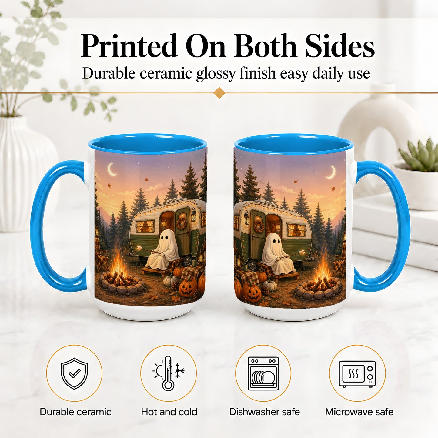 #pl[15oz|Blue] Autumn Camping Ghost Ceramic Mug, Camper Campfire Art for Campers