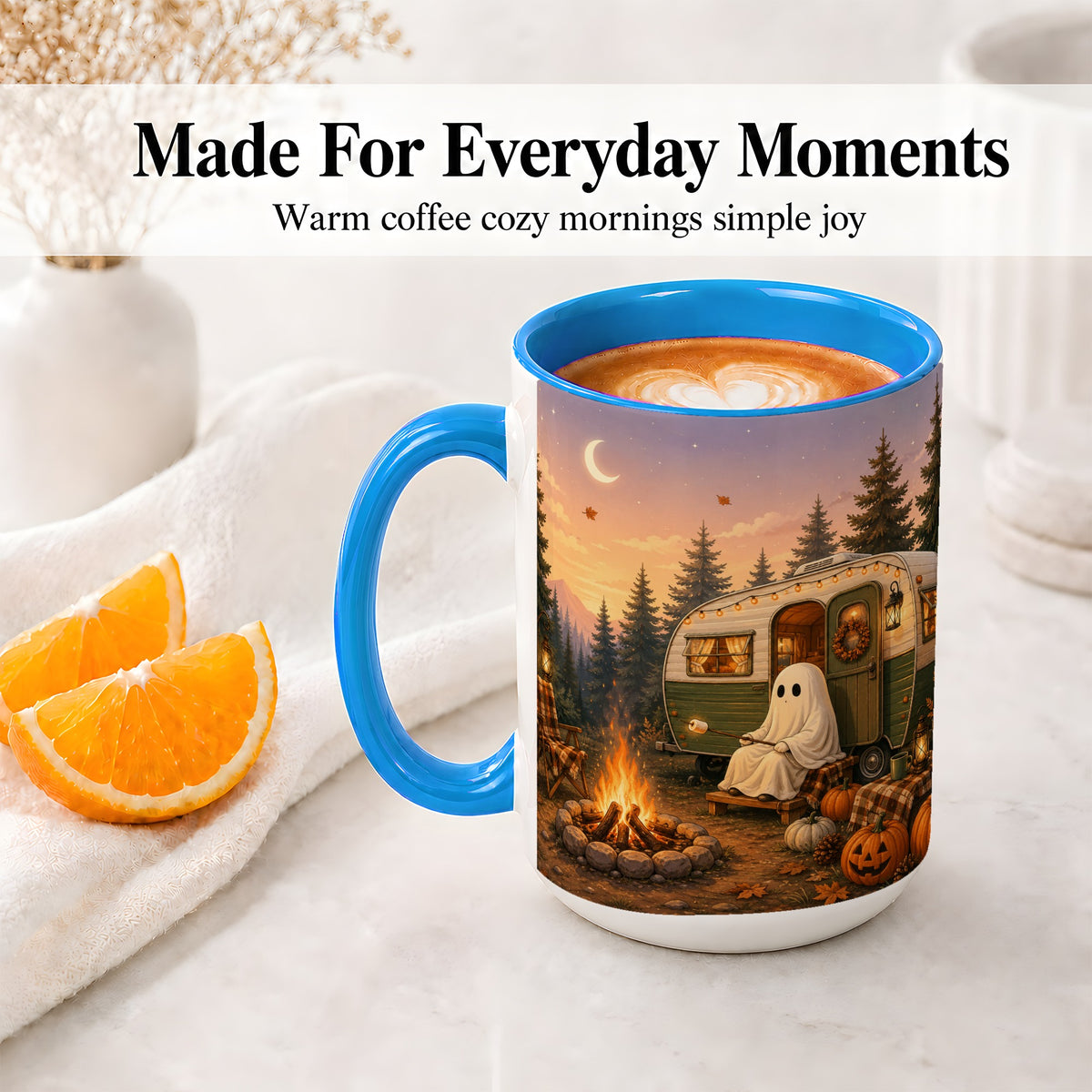 #pl[15oz|Blue] Autumn Camping Ghost Ceramic Mug, Camper Campfire Art for Campers