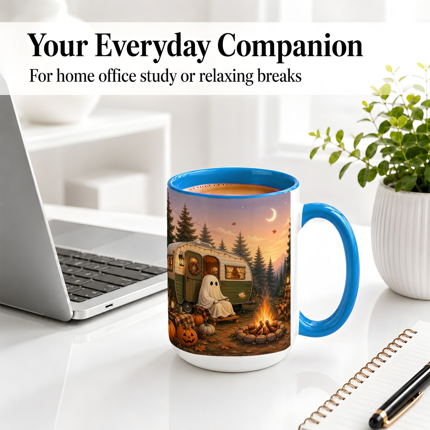 #pl[15oz|Blue] Autumn Camping Ghost Ceramic Mug, Camper Campfire Art for Campers