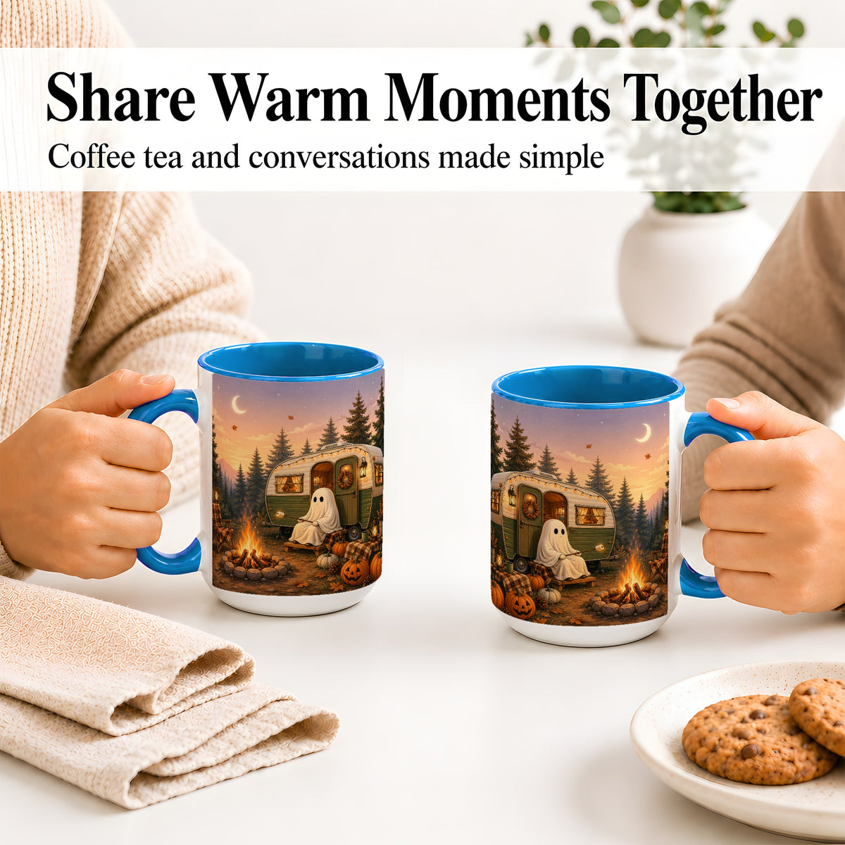 #pl[15oz|Blue] Autumn Camping Ghost Ceramic Mug, Camper Campfire Art for Campers