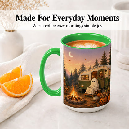 #pl[15oz|Green] Autumn Camping Ghost Ceramic Mug, Camper Campfire Art for Campers