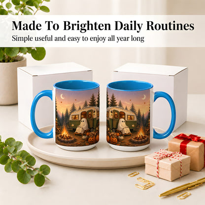 #pl[15oz|Blue] Autumn Camping Ghost Ceramic Mug, Camper Campfire Art for Campers