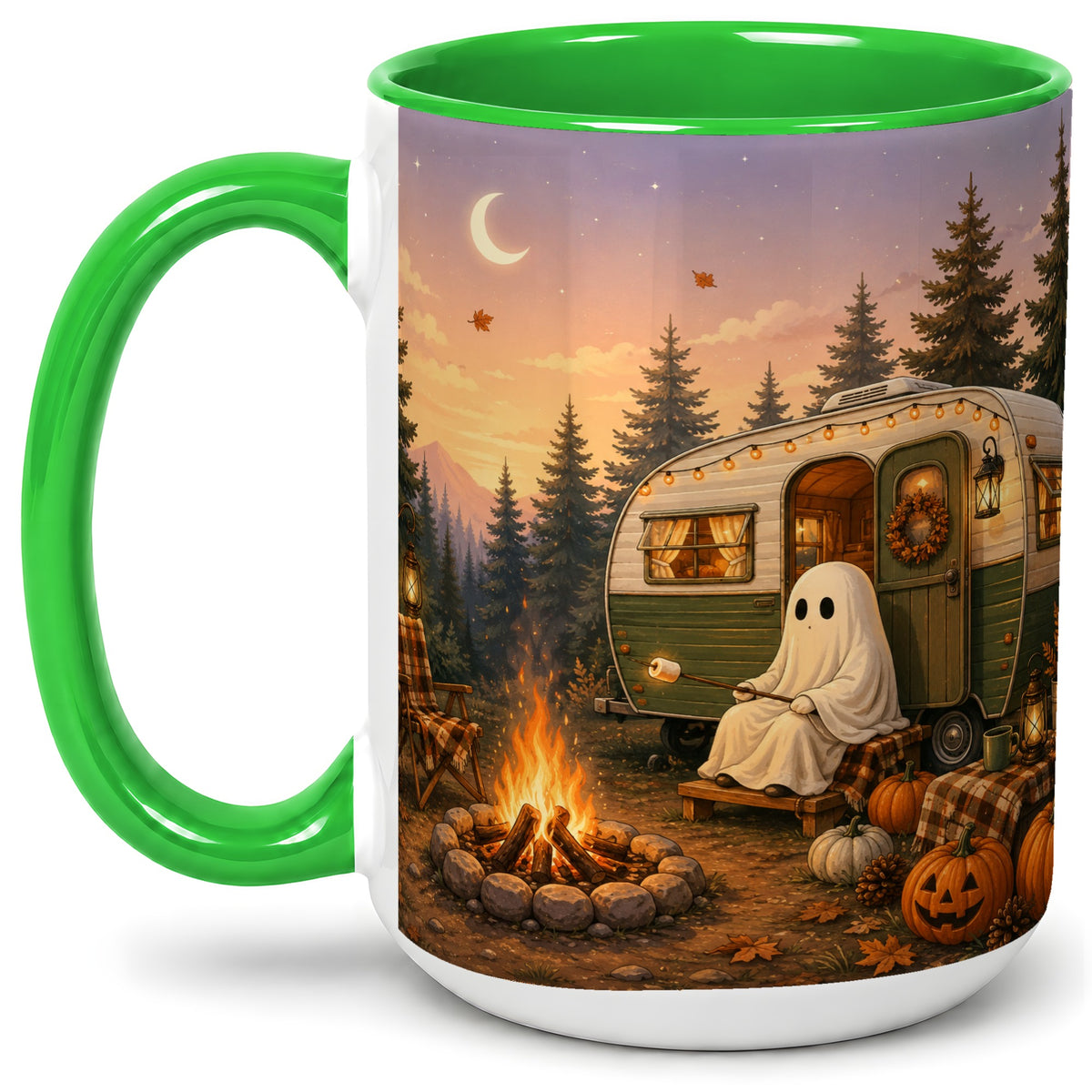 #pl[15oz|Green] Autumn Camping Ghost Ceramic Mug, Camper Campfire Art for Campers
