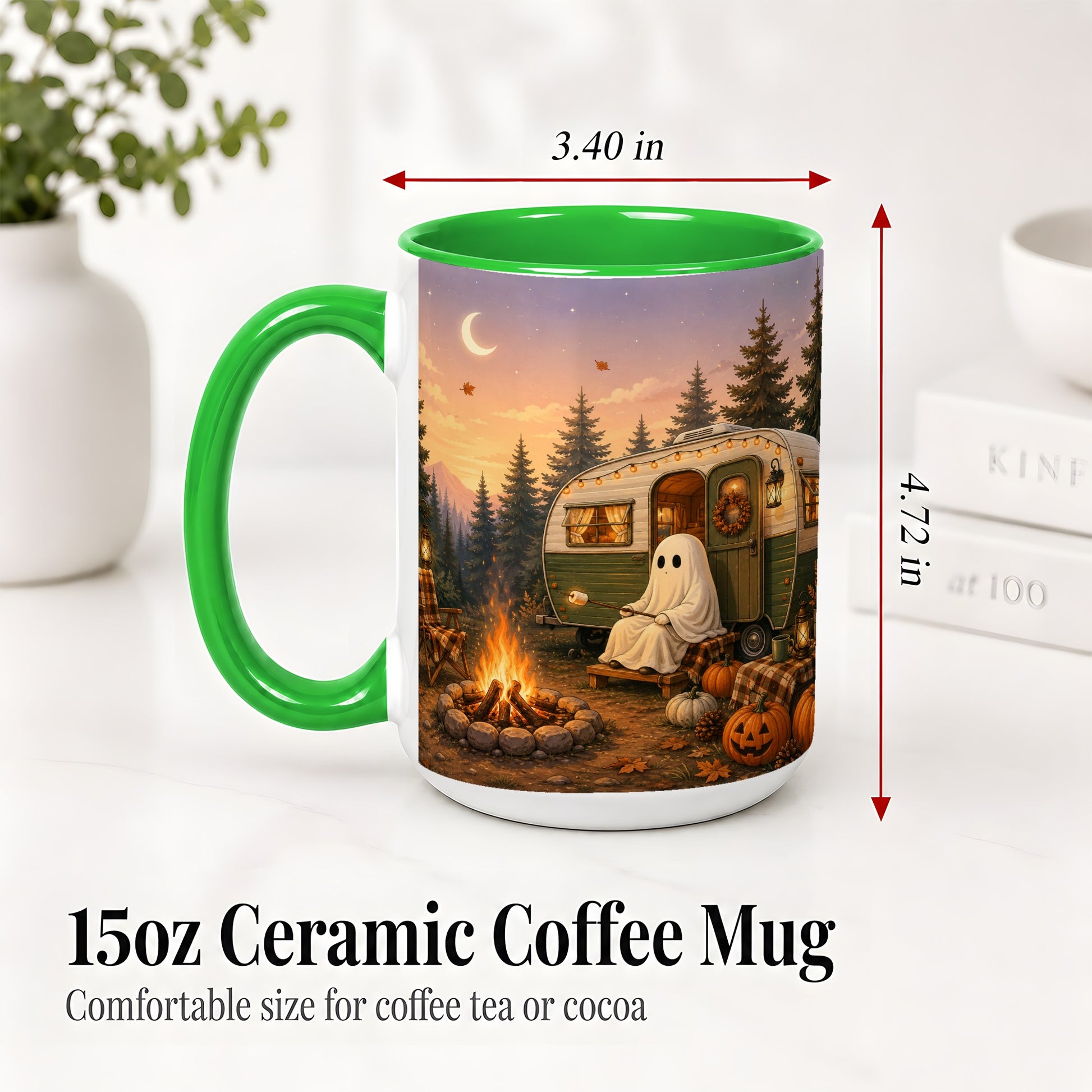 #pl[15oz|Green] Autumn Camping Ghost Ceramic Mug, Camper Campfire Art for Campers