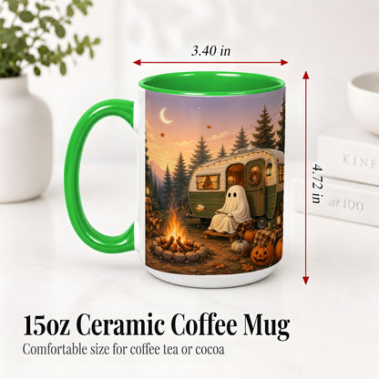 #pl[15oz|Green] Autumn Camping Ghost Ceramic Mug, Camper Campfire Art for Campers
