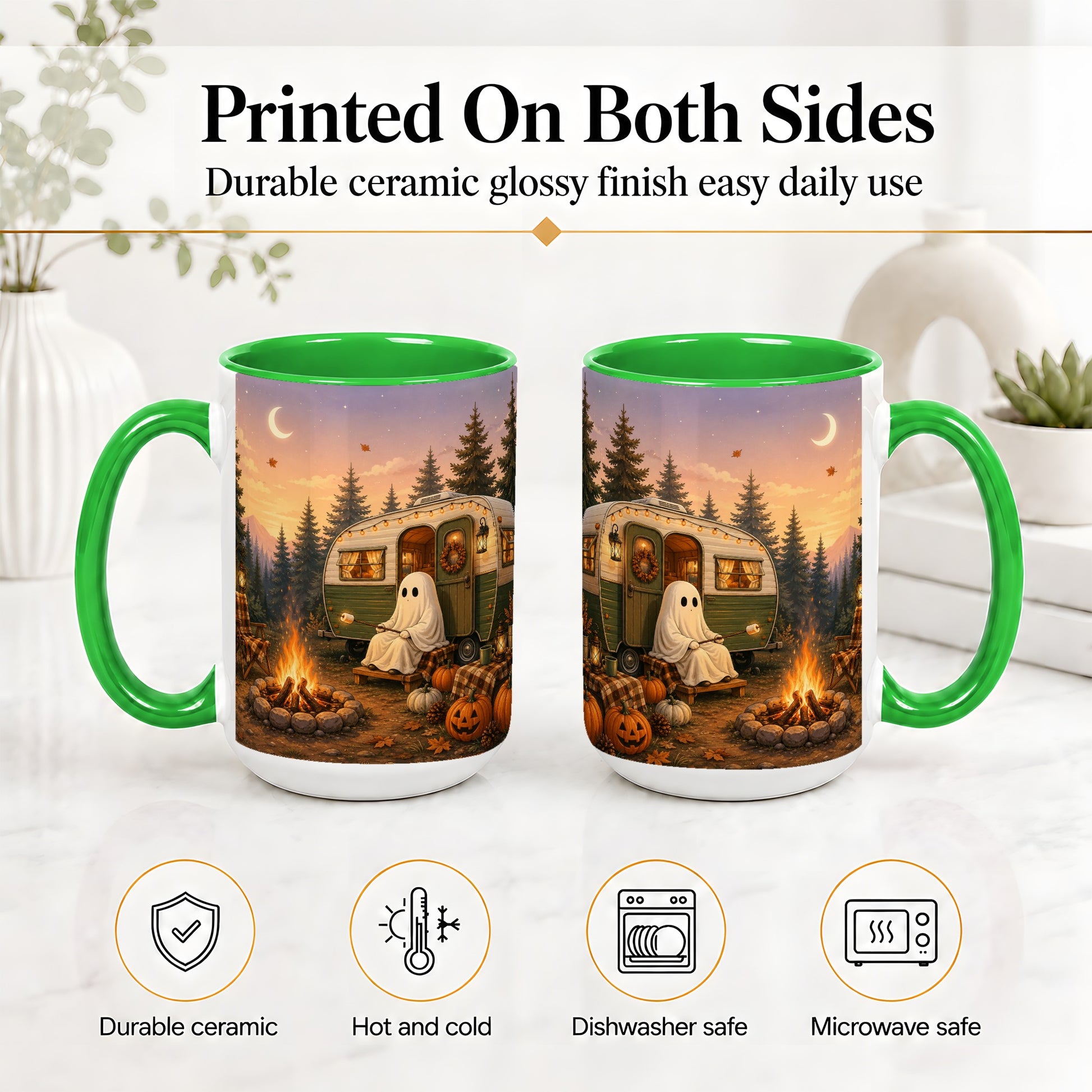 #pl[15oz|Green] Autumn Camping Ghost Ceramic Mug, Camper Campfire Art for Campers