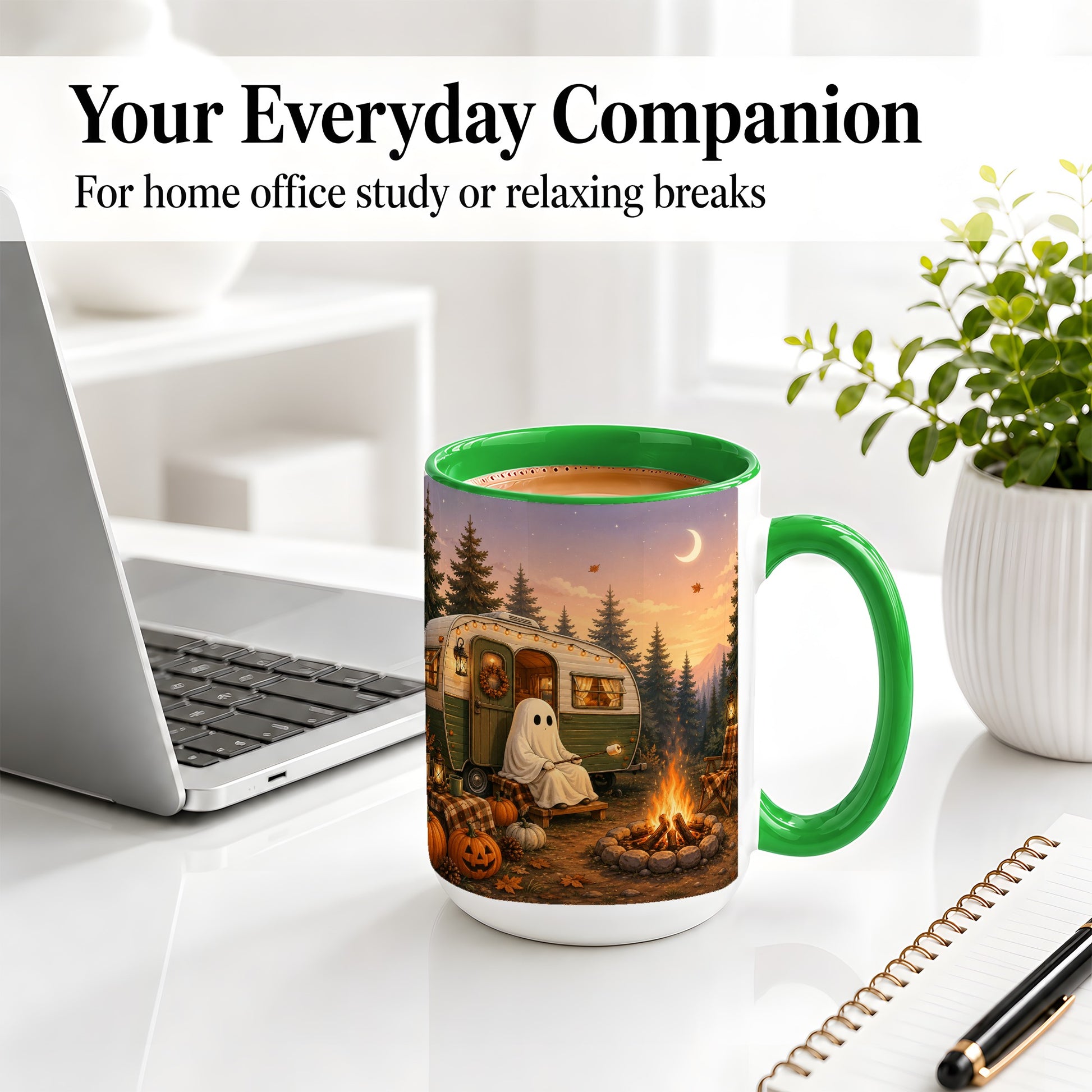 #pl[15oz|Green] Autumn Camping Ghost Ceramic Mug, Camper Campfire Art for Campers