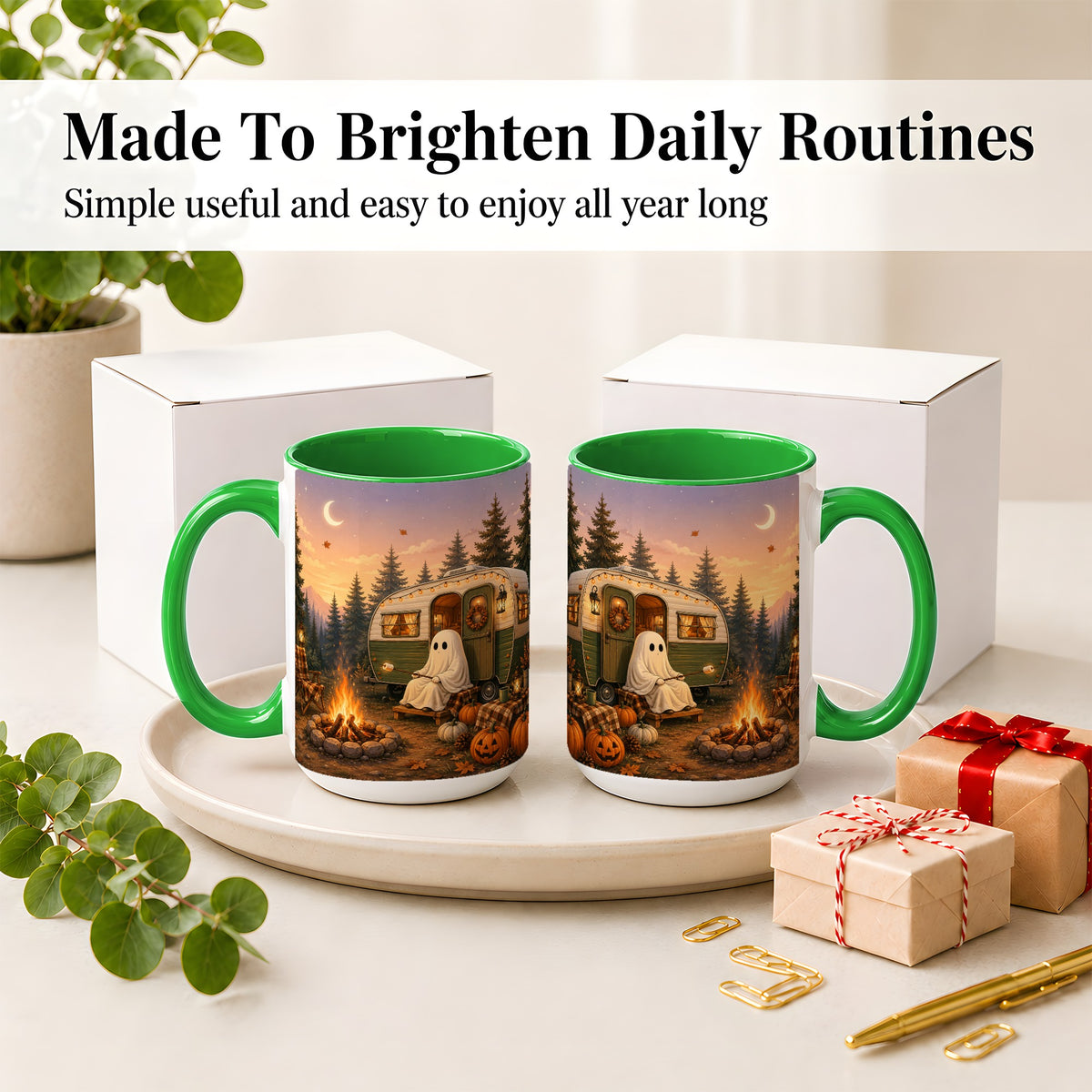 #pl[15oz|Green] Autumn Camping Ghost Ceramic Mug, Camper Campfire Art for Campers