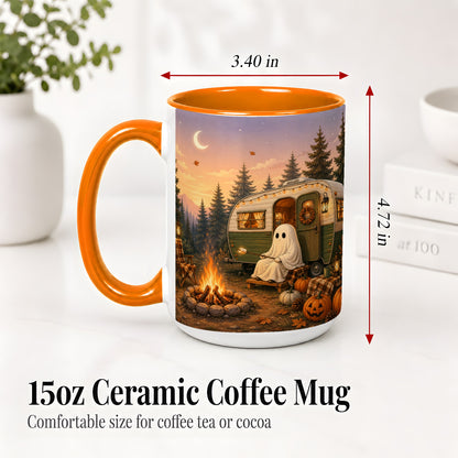 #pl[15oz|Orange] Autumn Camping Ghost Ceramic Mug, Camper Campfire Art for Campers