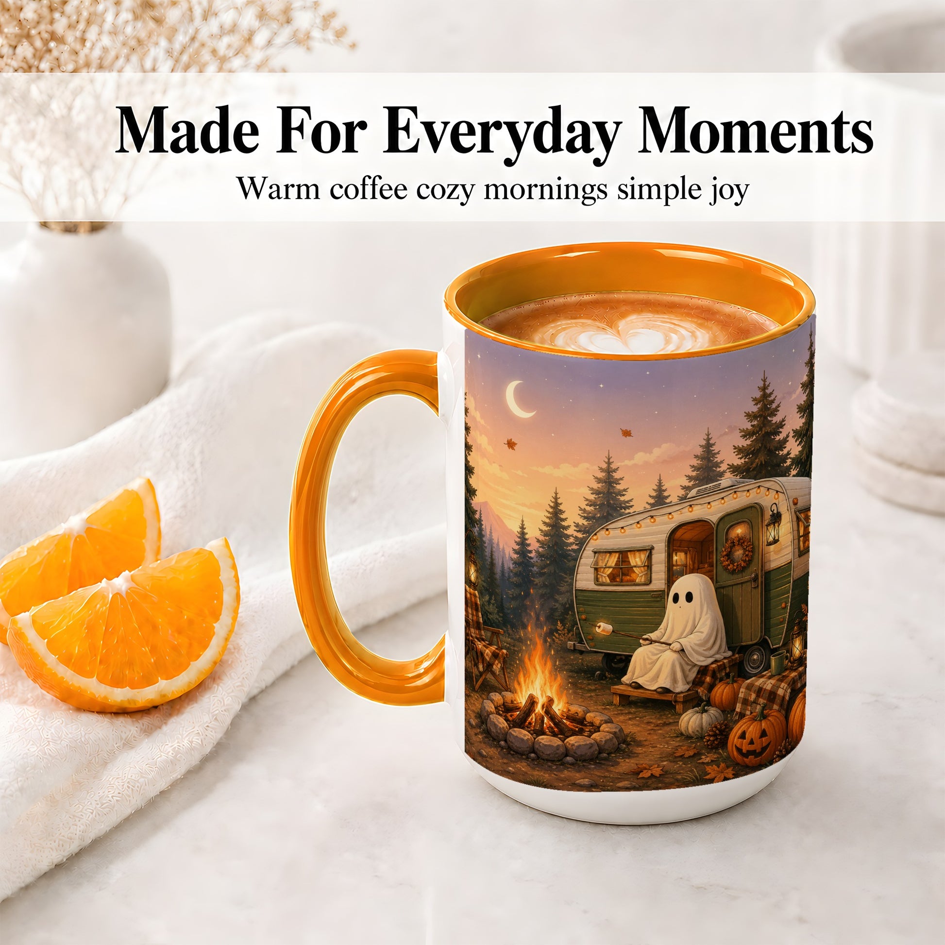#pl[15oz|Orange] Autumn Camping Ghost Ceramic Mug, Camper Campfire Art for Campers