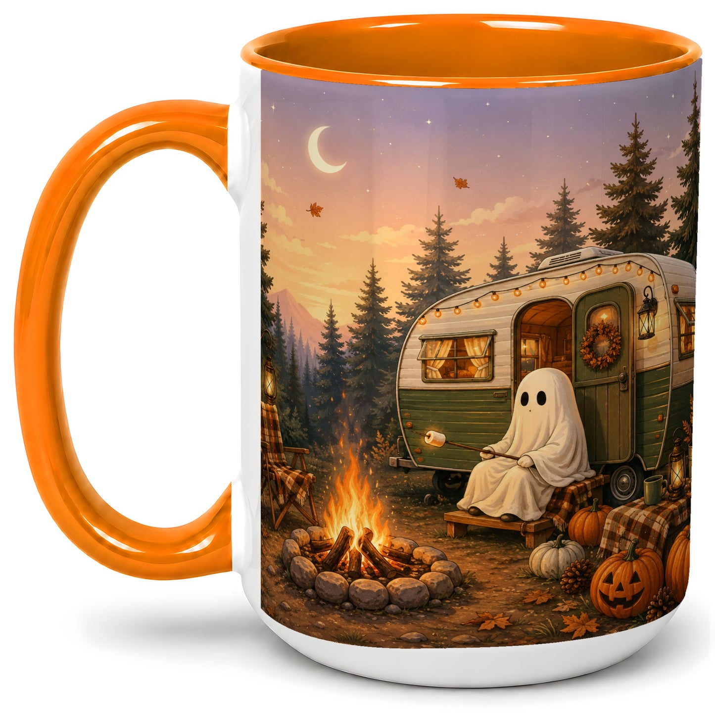 #pl[15oz|Orange] Autumn Camping Ghost Ceramic Mug, Camper Campfire Art for Campers