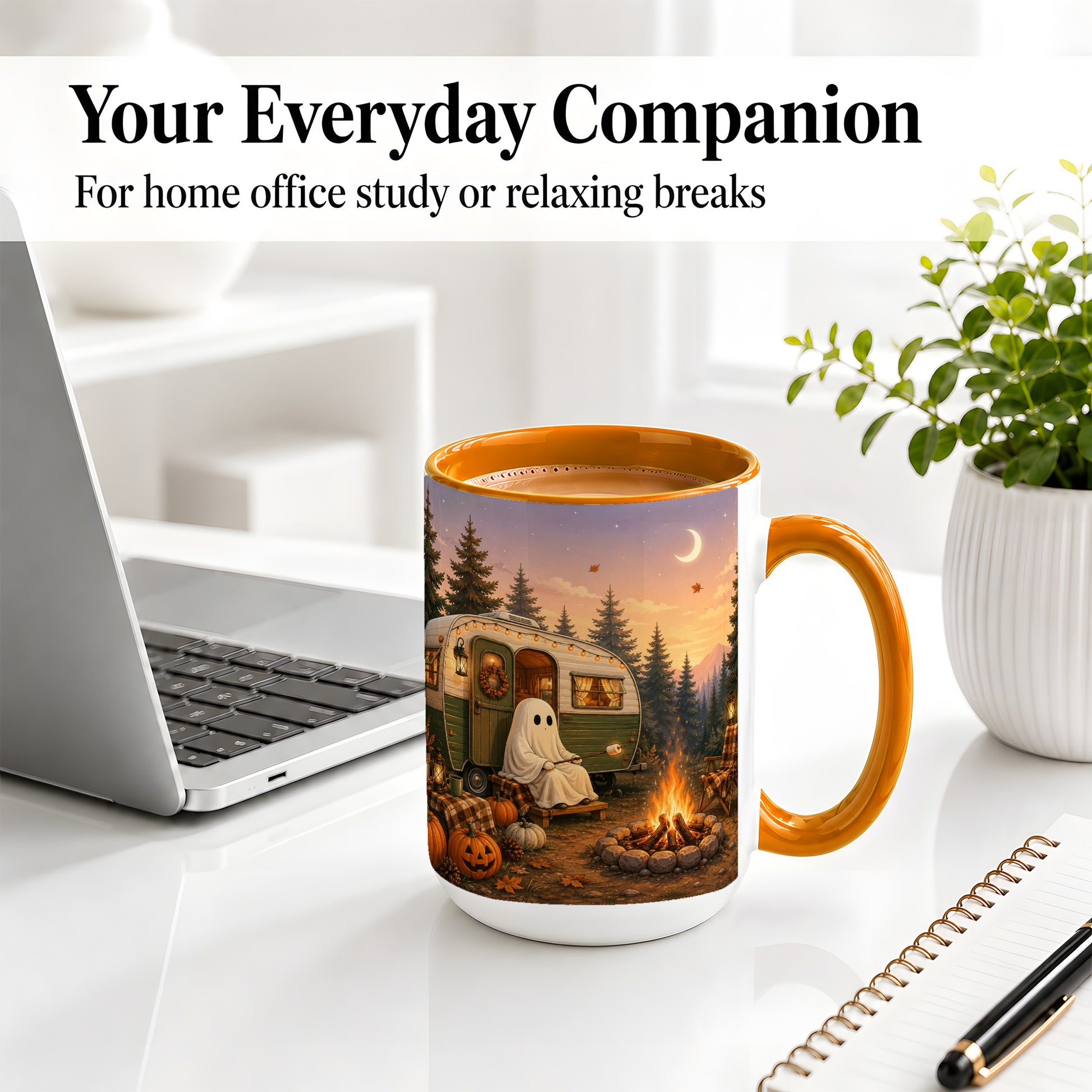 #pl[15oz|Orange] Autumn Camping Ghost Ceramic Mug, Camper Campfire Art for Campers