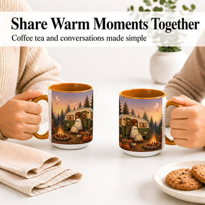 #pl[15oz|Orange] Autumn Camping Ghost Ceramic Mug, Camper Campfire Art for Campers