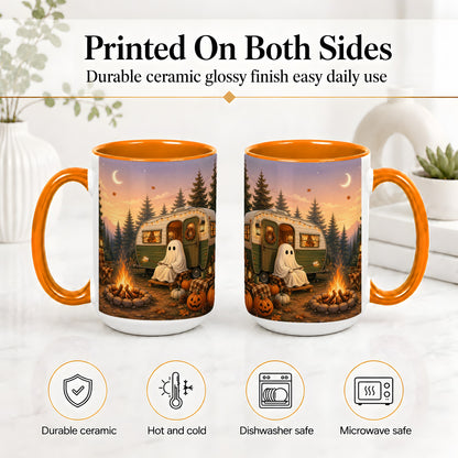 #pl[15oz|Orange] Autumn Camping Ghost Ceramic Mug, Camper Campfire Art for Campers
