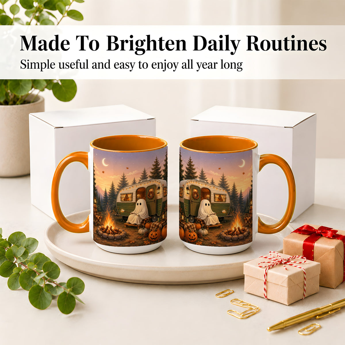 #pl[15oz|Orange] Autumn Camping Ghost Ceramic Mug, Camper Campfire Art for Campers