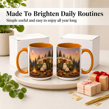#pl[15oz|Orange] Autumn Camping Ghost Ceramic Mug, Camper Campfire Art for Campers