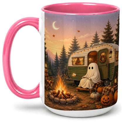 #pl[15oz|Pink] Autumn Camping Ghost Ceramic Mug, Camper Campfire Art for Campers